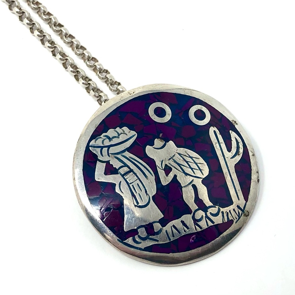 Vintage Taxco Mexico 925 silver and mosaic pendant / brooch on 835 silver chain